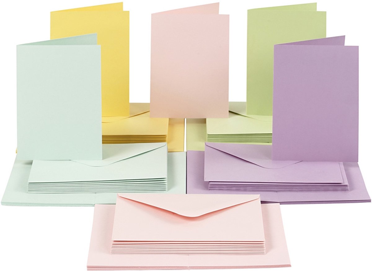 Kaarten en enveloppen, afmeting kaart 10,5x15 cm, afmeting envelop 11,5x16,5 cm, pastelkleuren, 50sets [HOB-23114]